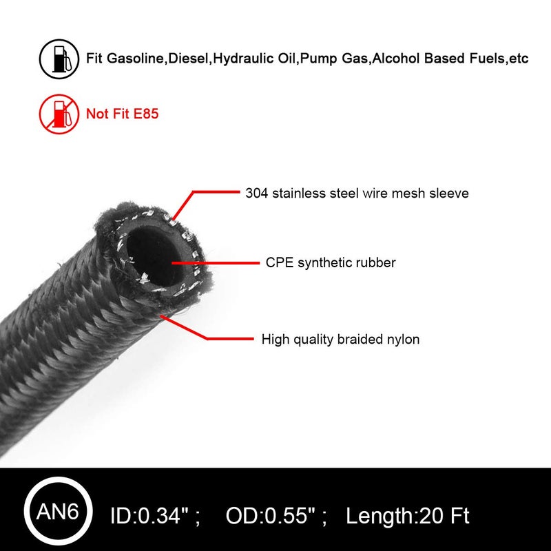 Partschoice 20FT 6AN 3/8" Nylon Stainless Steel Braided CPE Oil Gas Fuel Line Universal - Image 4
